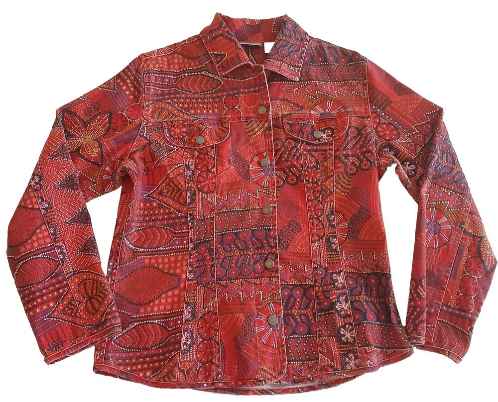 Chico's Denim Jacket Women's 1 Red Paisley Print Artsy Boho Blazer Medium Fall